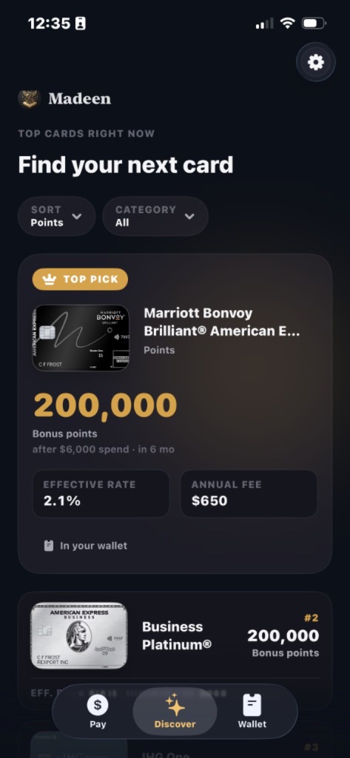 Madeen Discover tab ranking cards by bonus points.
