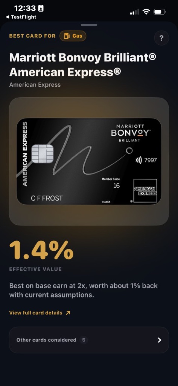 Madeen recommendation screen showing the Marriott Bonvoy Brilliant card as best for gas.
