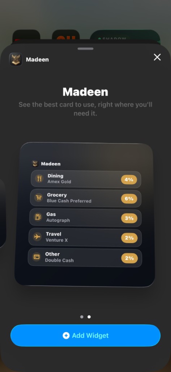 iOS widget gallery showing the Madeen multi-category widget.